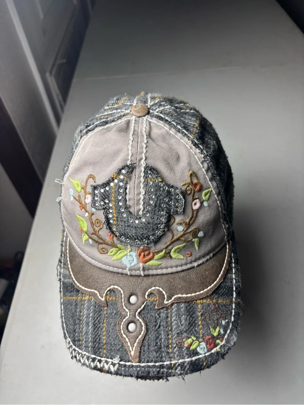True Religion Distressed Multicolor Vintage Denim Cap Hat women Snapback